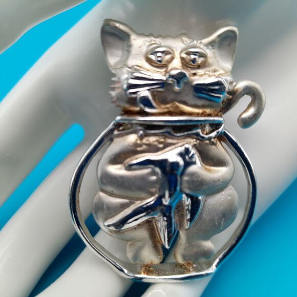 AJC Kitty Cat Fish Bowl Silver Tone Pin Brooch Vintage Signed - Picture 2 of 11